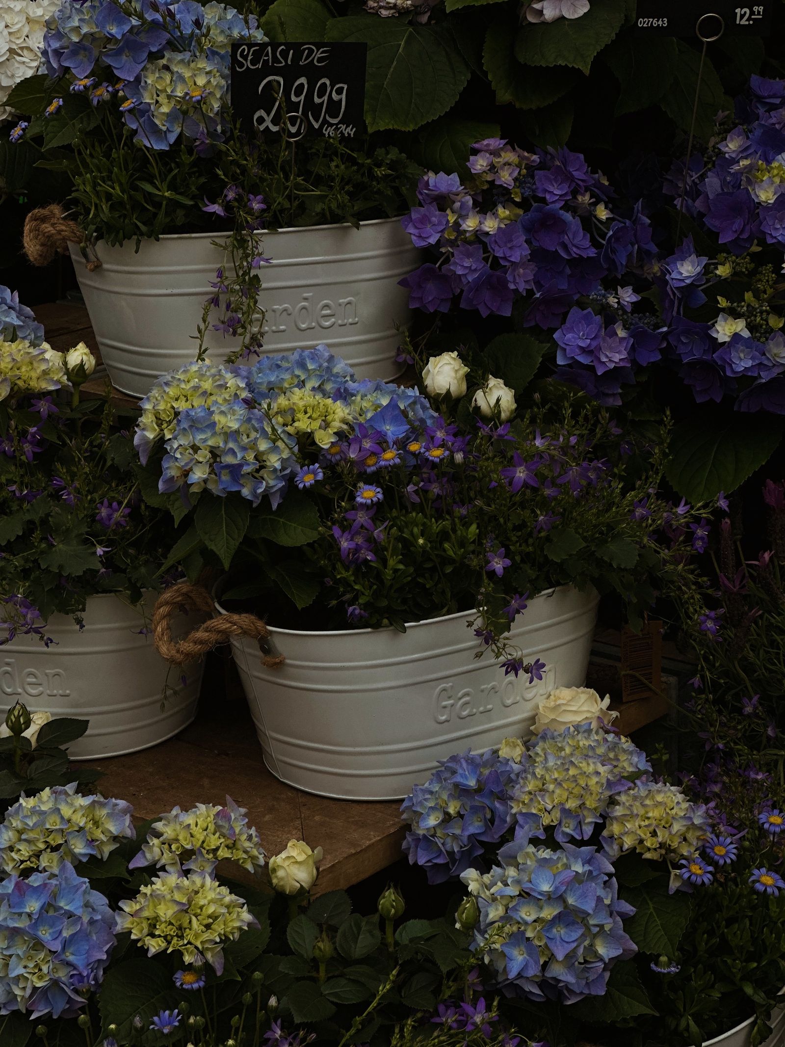 Blauwe en paarse hortensia's in witte emmers op een bloemenmarkt