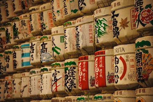 Barrels with Sake in a Market 