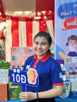 Portrait of a smiling employee in a blue uniform holding a promotional sign at an event booth.