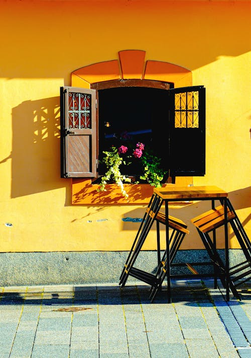 Flowers in Window of Yellow Building