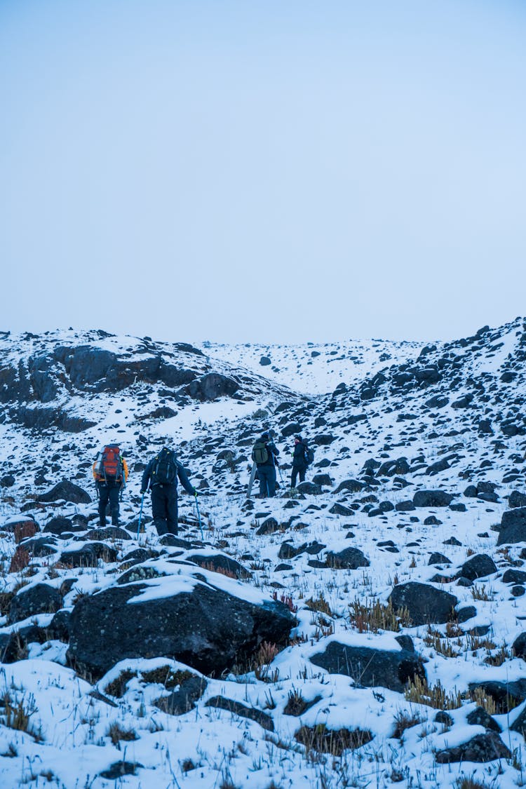 People Hiking In Snowy Mountains