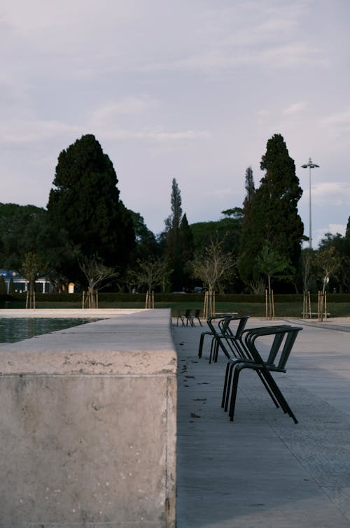 Benches and a Fountain in a Park 