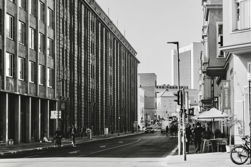 Free A black and white street view of urban life in Berlin, Germany Stock Photo