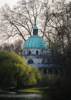 A beautiful view of St. Nicholas' Church with its iconic dome surrounded by seasonal foliage.