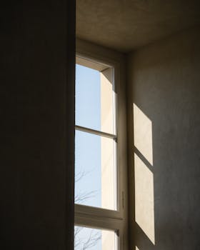 A serene, sunlit window creates minimalist shadows in a modern interior space.