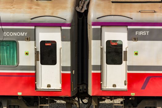 Detailed view of economy and first class train compartments at Sydney station, Australia.