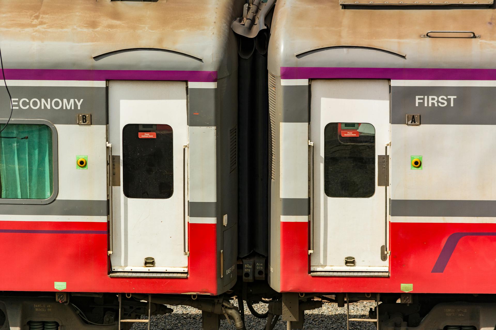 Detailed view of economy and first class train compartments at Sydney station, Australia.
