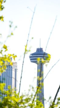 View of the Skylon Tower surrounded by fresh spring foliage in bright daylight.