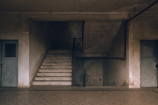 Eerie abandoned building with a derelict staircase in Rosario, Santa Fe, perfect for urban exploration.