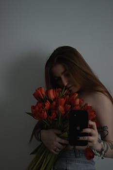 A young woman holds a bouquet of red flowers, taking a selfie indoors.