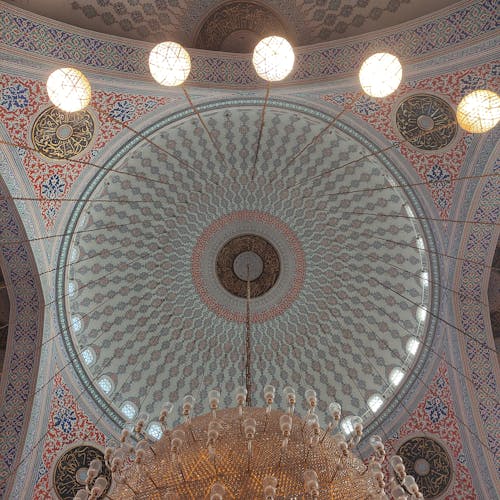 Lamps and a Chandelier Hanging from the Dome of the Kocatepe Mosque in Ankara, Turkey