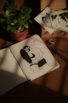 A sketchbook featuring intimate art is lit naturally, surrounded by leaves and artistic tools.