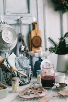 A cozy kitchen table scene with homemade jam, baking ingredients, and kitchenware.