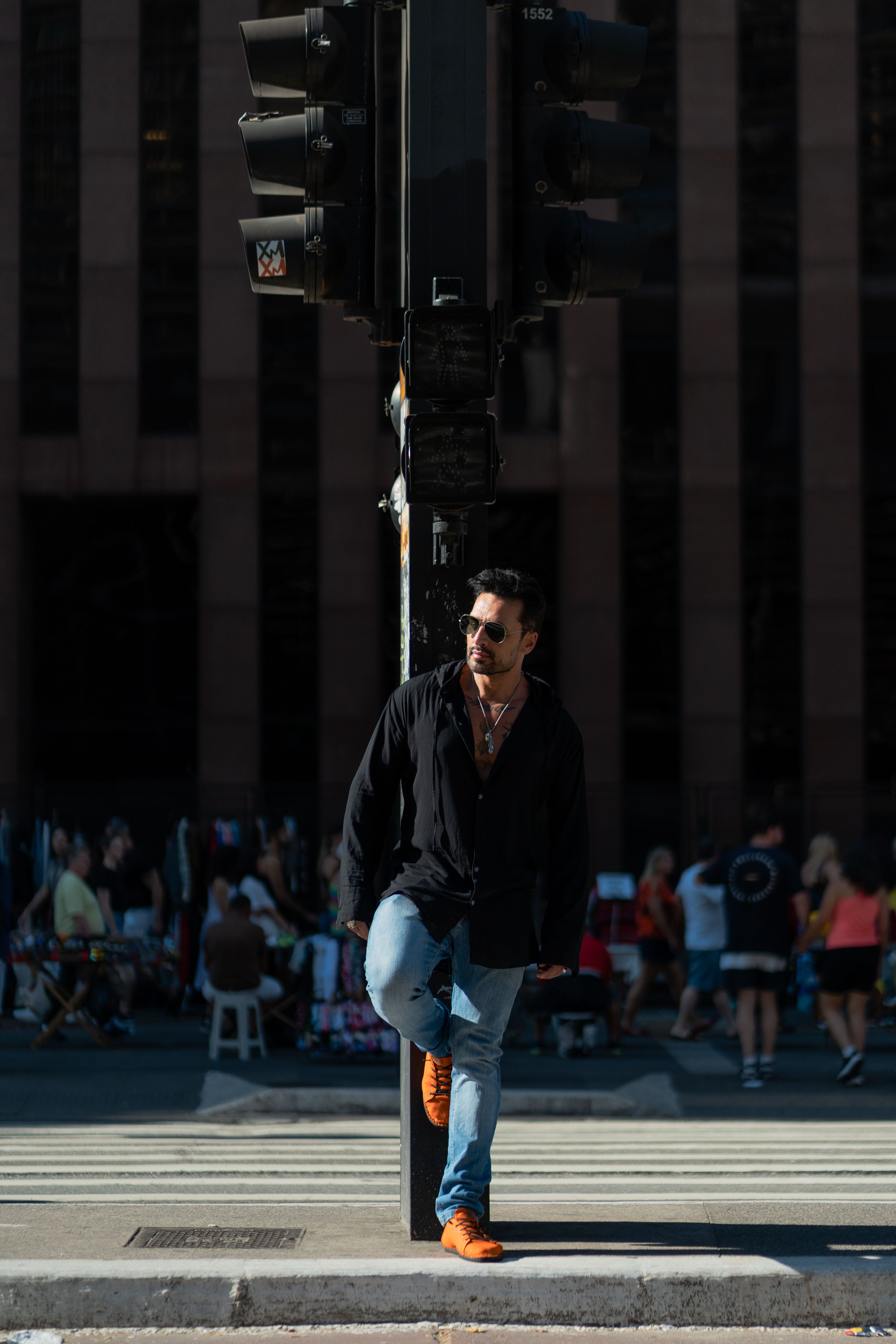 Well-Dressed Man Leaning on the Stop Light Pole · Free Stock Photo