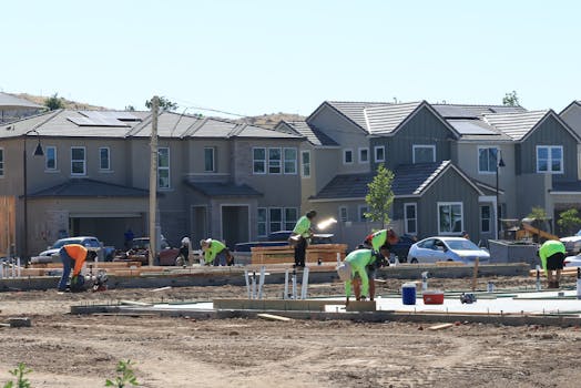 Construction workers laying foundations in a modern housing development.