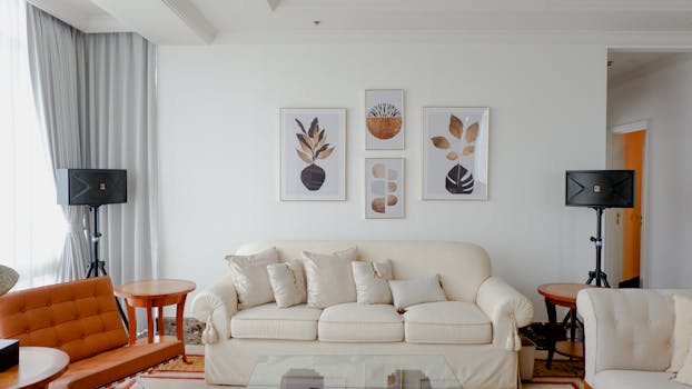 Elegant living room with neutral tones, stylish furniture, and art pieces.