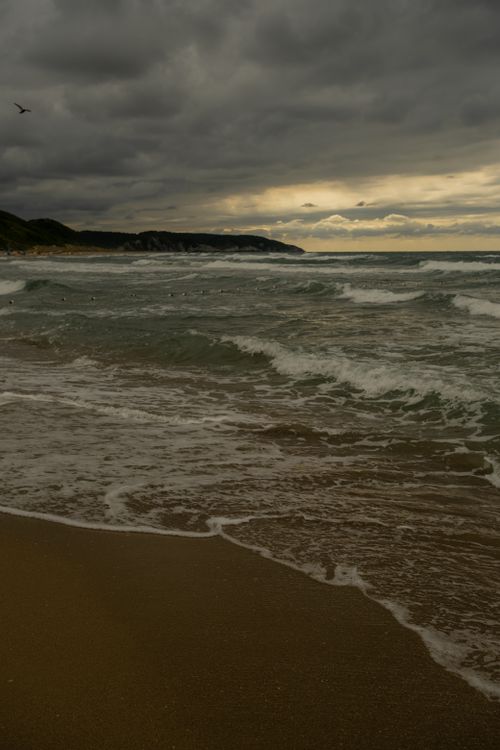 Free Captivating seascape with rolling waves and a brooding overcast sky captures nature's raw beauty. Stock Photo