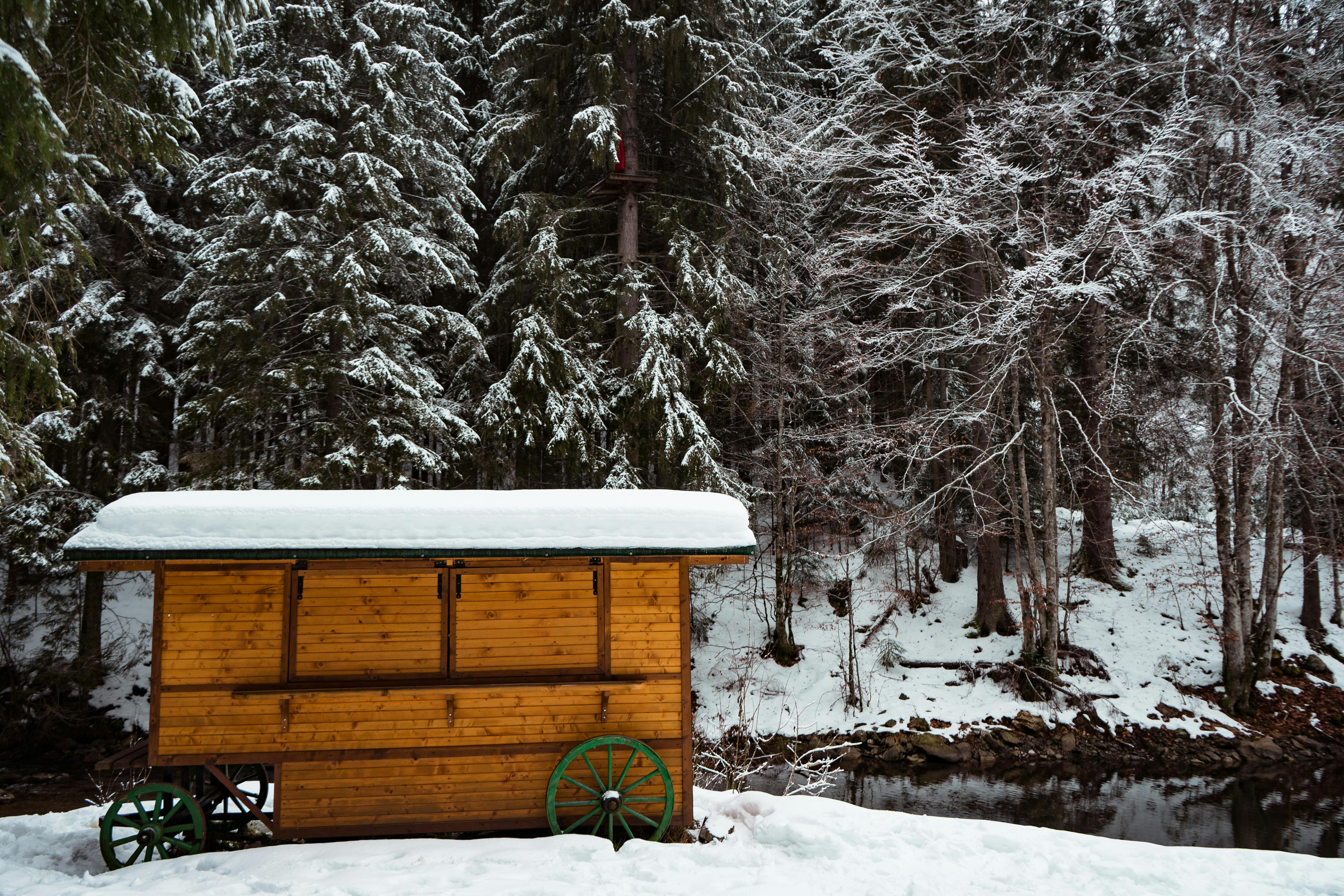 Photo of Wooden Shed Covered by Snow