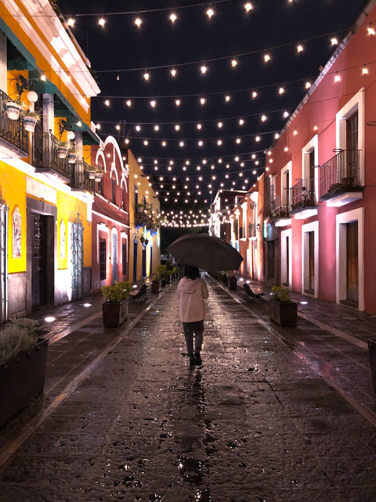 Woman Walking With Umbrella On Street In Town At Night