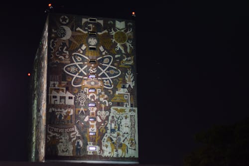 Mural on UNAM University Wall at Night