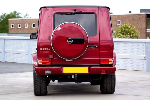 Rear view of a red Mercedes G-Class in an urban parking lot showcasing luxury and style.