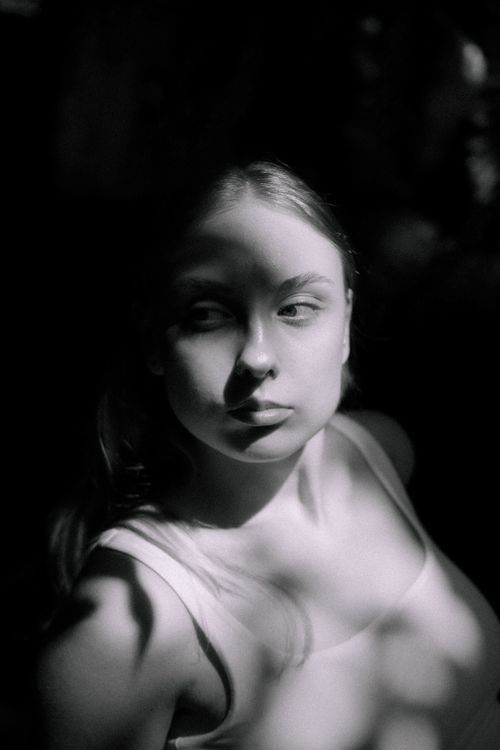 Free Artistic black and white portrait of a woman in sunlight creating dramatic shadows. Stock Photo