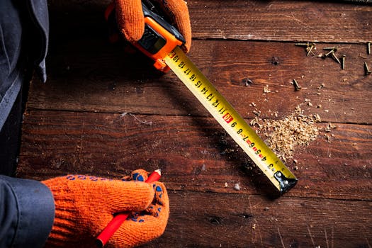Close-up of gloved hands using a tape measure on wooden surface for precise carpentry.