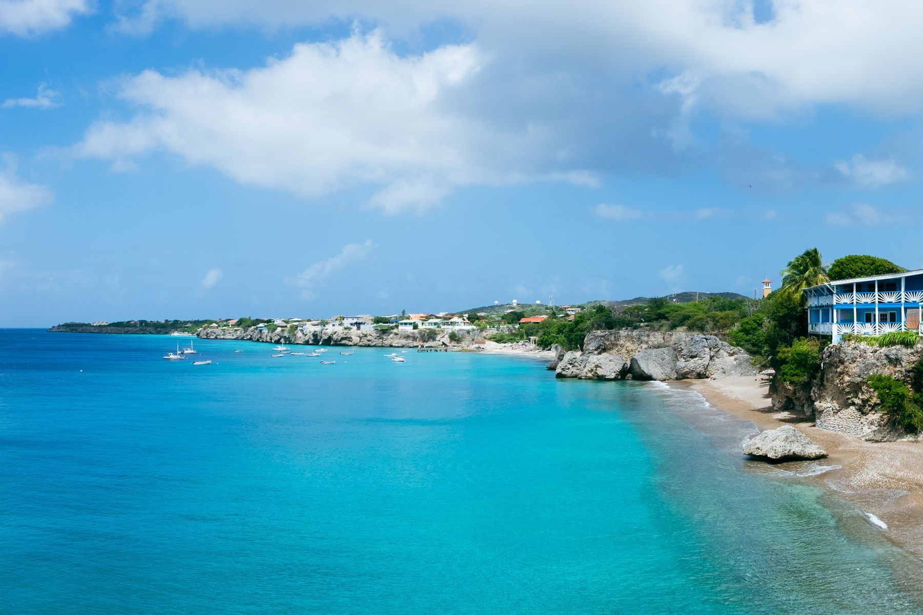 Aerial view of the rocky Playa Forti coastline and turquoise water in Curaçao