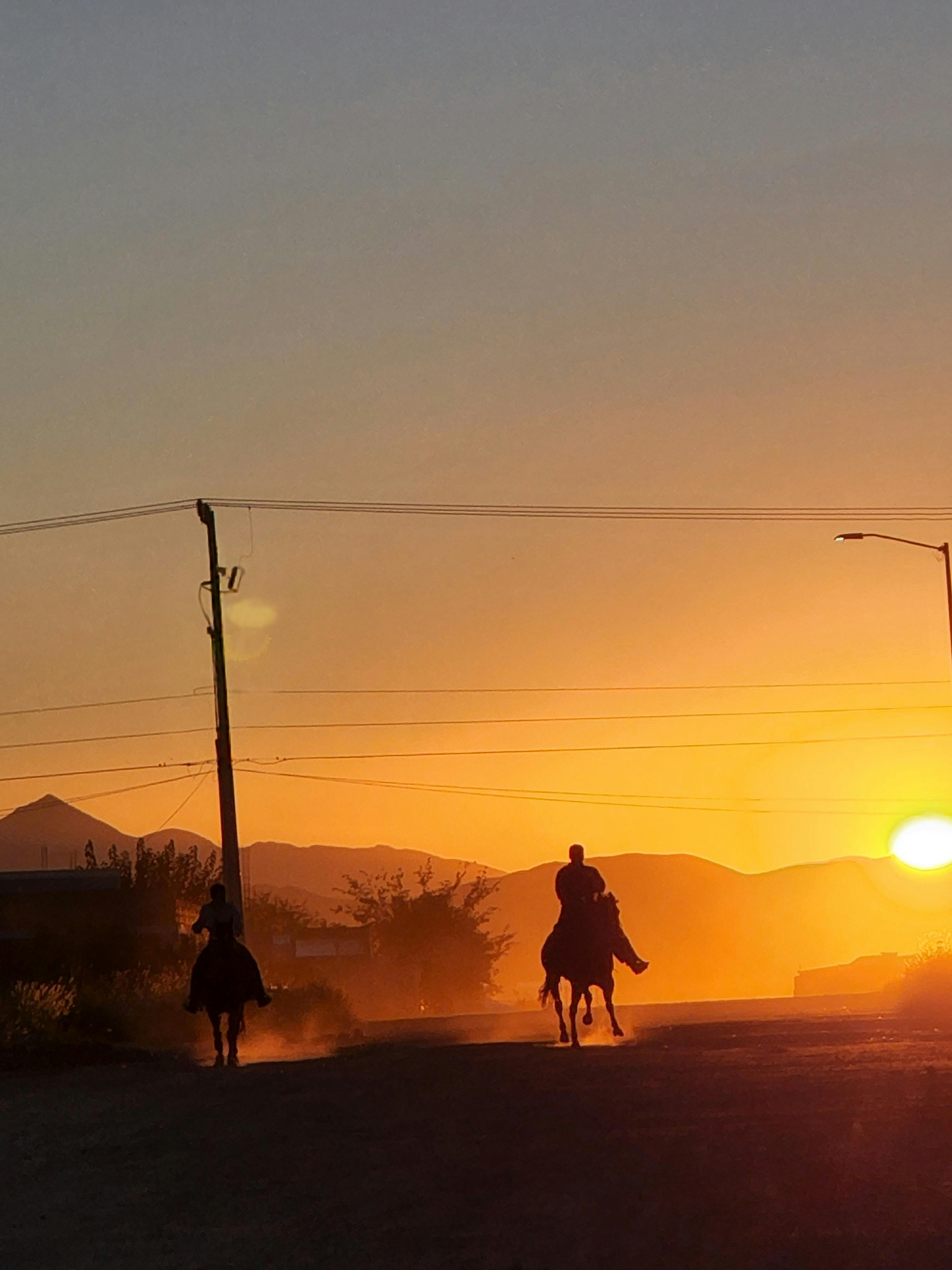 silhouette of men riding on horses at sunset