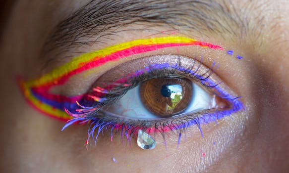 Close-up of an eye with vibrant makeup and a decorative tear drop.
