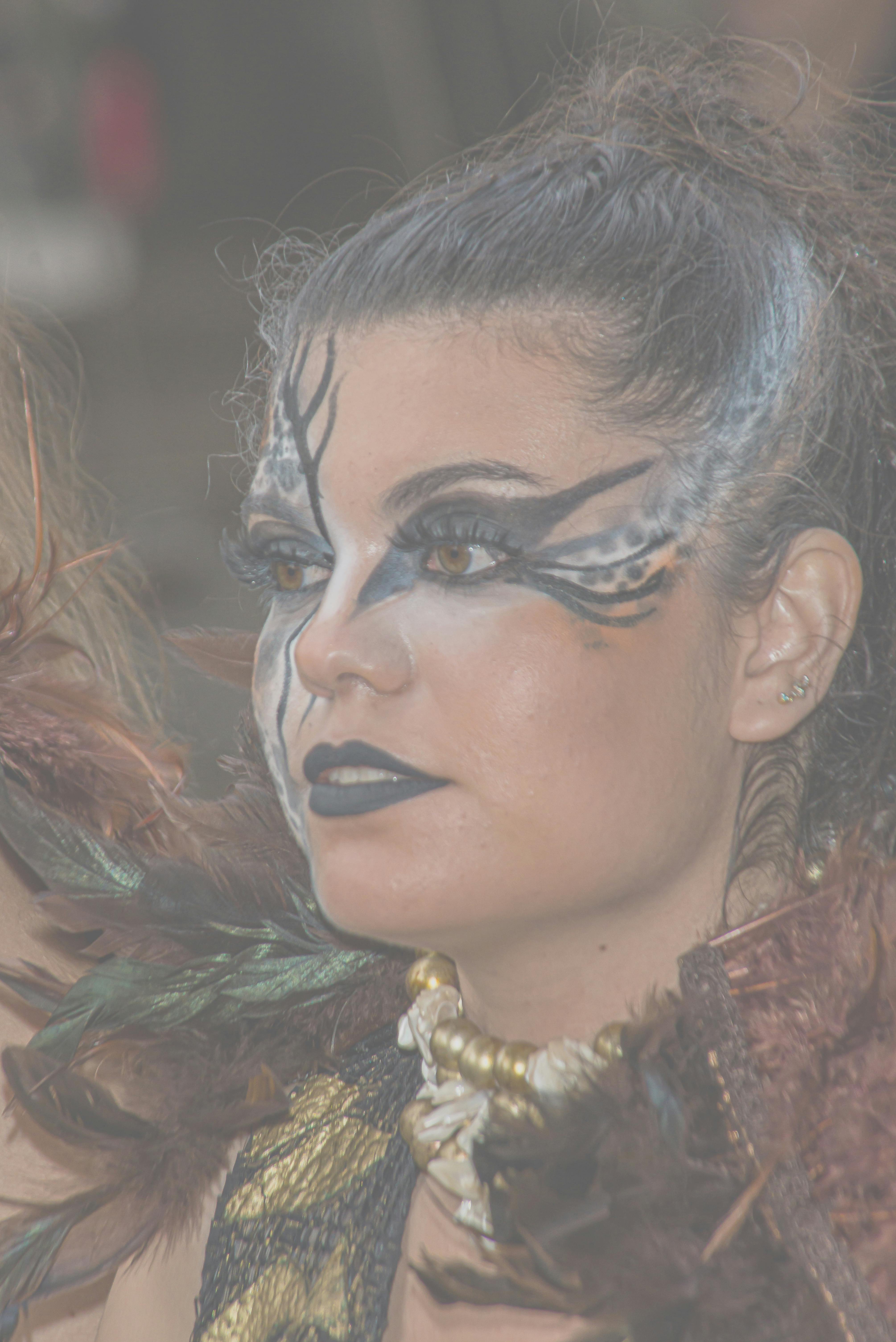 Free Stunning portrait featuring a woman with intricate painted makeup, feathers, and accessories. Stock Photo