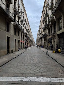 A picturesque street in Barcelona showcasing classic architecture and cobblestone paving, perfect for urban exploration.