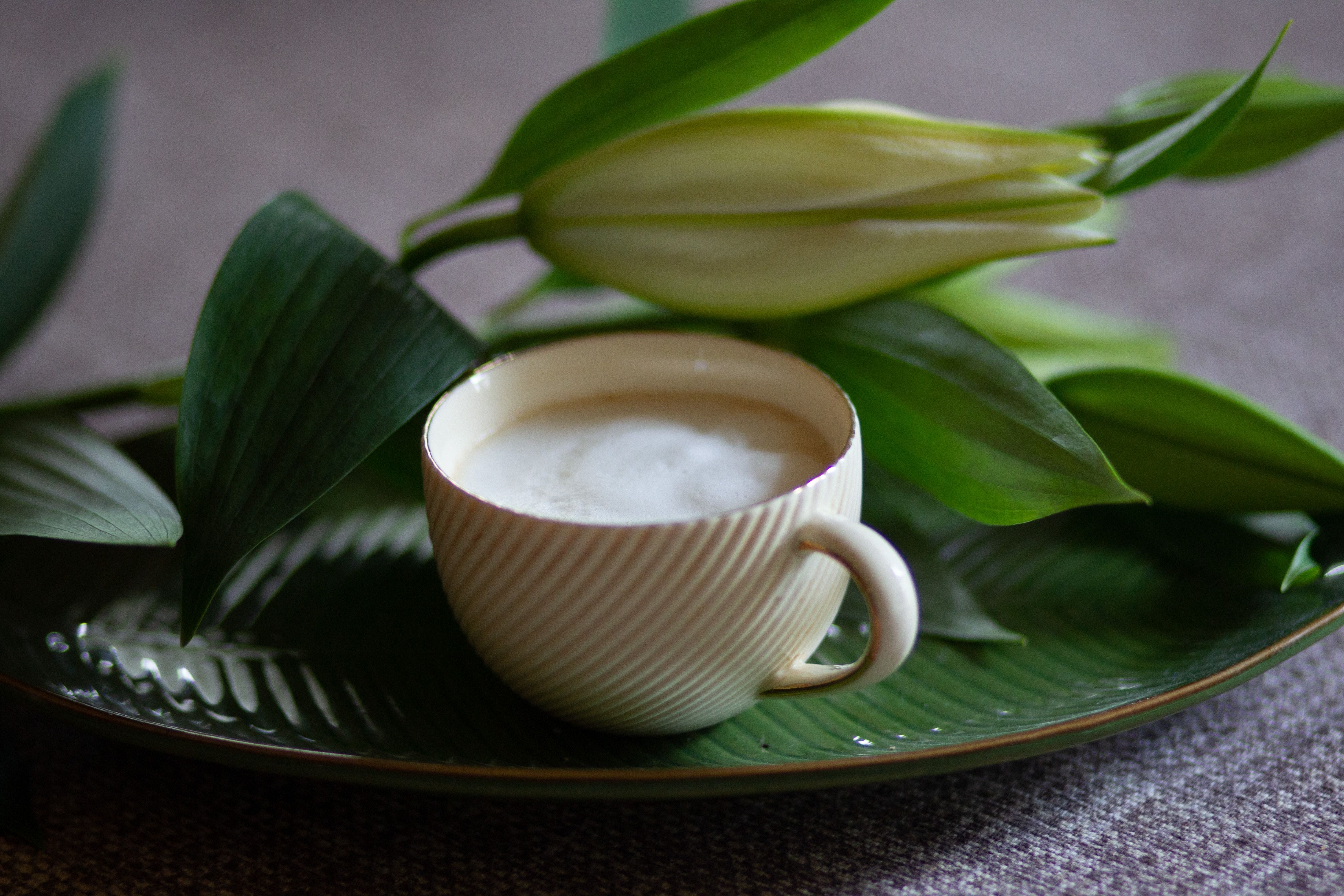 A serene scene featuring a cappuccino cup with white lilies on a green leaf-shaped plate.