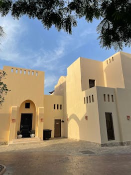 Bright view of a modern Middle Eastern style building under clear blue sky.