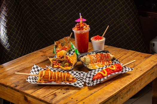 Assorted Mexican street food with drinks presented on a rustic wooden table.