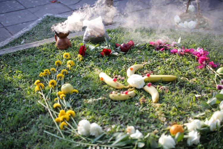 Bananas Set In Circle Of Cut Flowers On Grass