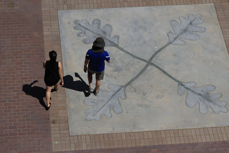 Couple Walking On Leaf Motif Drawn In Concrete