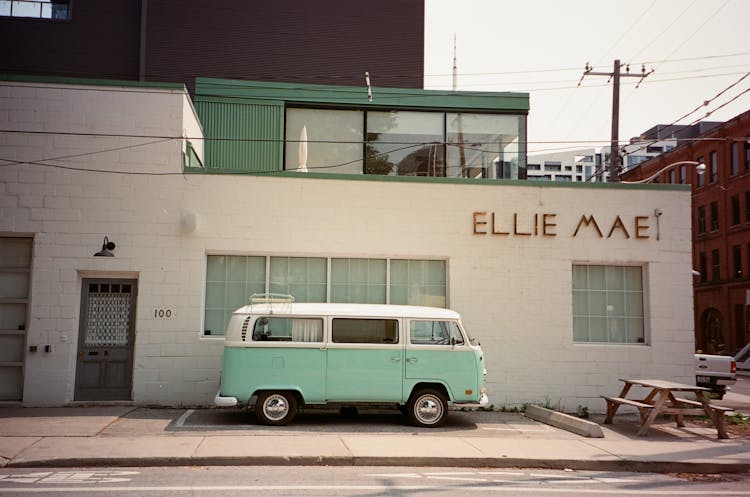 Mint Volkswagen Microbus In An Assigned Parking Spot Under The Ellie Mae Building