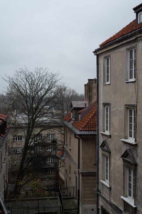 Free Historic urban neighborhood with old buildings and bare winter trees under cloudy sky. Stock Photo