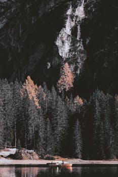 宁静的秋季景观中，一艘船静静地停在湖面上，周围环绕着茂密的森林和高耸的悬崖