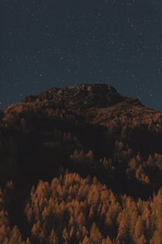 Explore a breathtaking view of a mountainous landscape under a starry night sky.