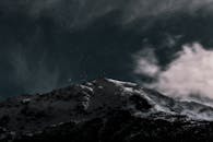 星空下，白雪覆盖的山峰宁静矗立，拍摄于一个戏剧性而喜怒无常的场景