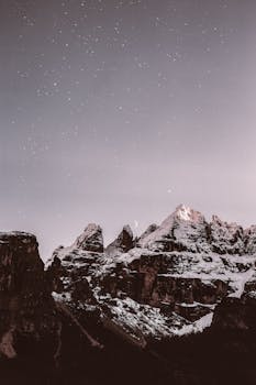 星空下，白雪皑皑的雄伟山峰明亮可见，营造出宁静而令人惊叹的景观