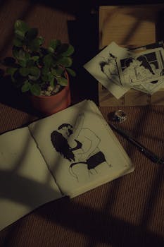 Open sketchbook with intimate drawings in warm shadowy light, reflecting creativity and romance.