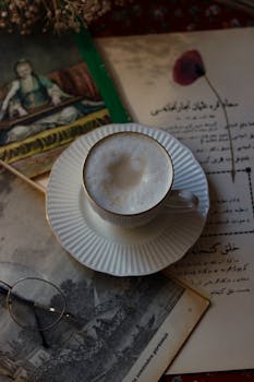 A vintage coffee cup with frothy milk, surrounded by old books and glasses, creates a cozy atmosphere.
