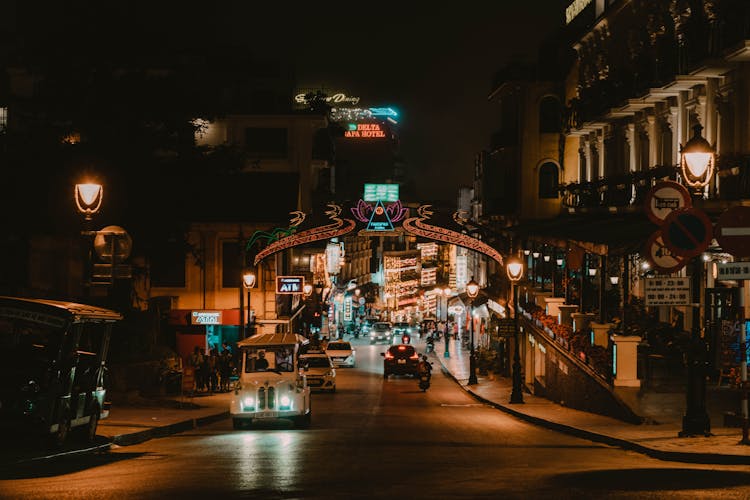 Illuminated Street In City At Night