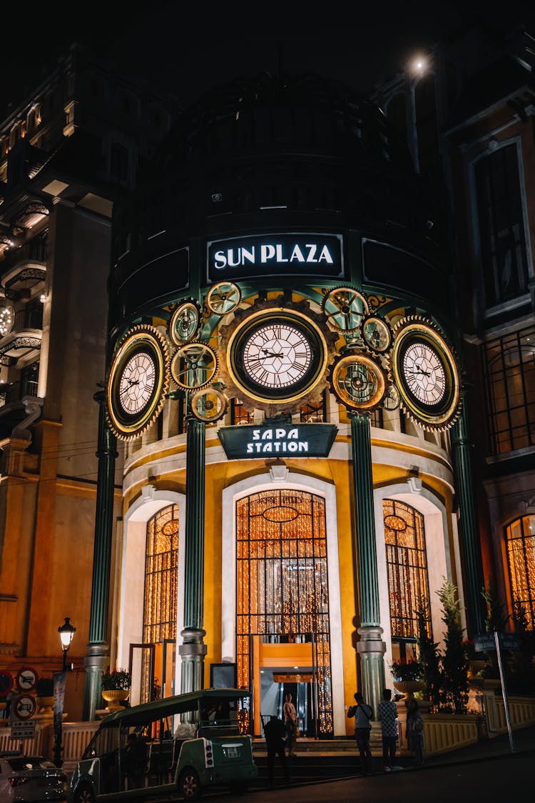 Illuminated Building Tower At Night