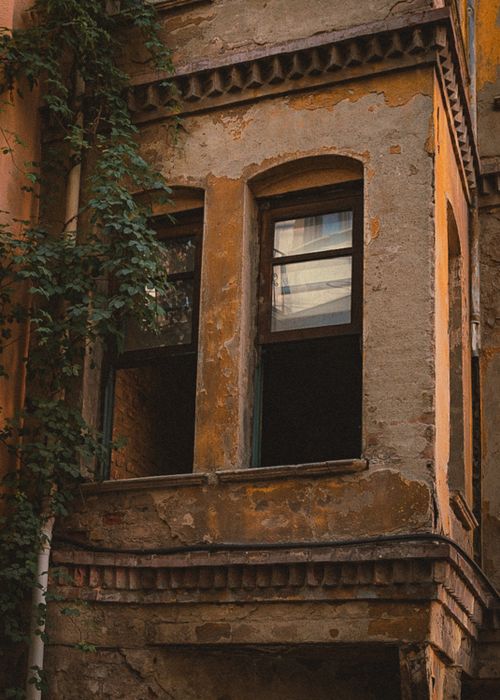 Free A close-up of a weathered building facade with climbing vines, showcasing decay and urban charm. Stock Photo