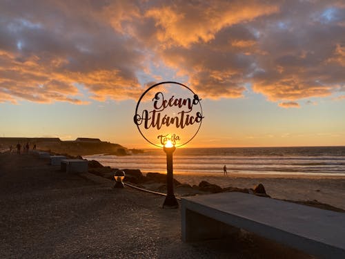 Atlantic Ocean sign at sunset, at the strait of Gibraltar