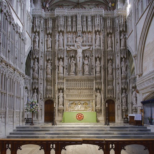 The interior of a cathedral with a large altar
